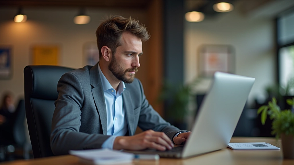 Business owner responding to customer review on laptop in professional office setting