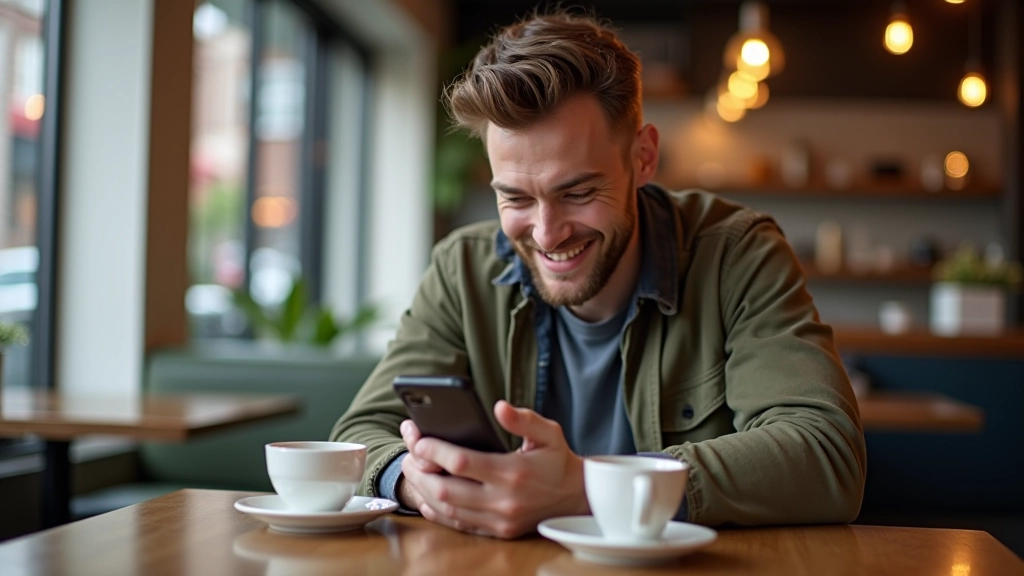Customer leaving review on Google Business Profile from mobile phone, smiling while typing feedback