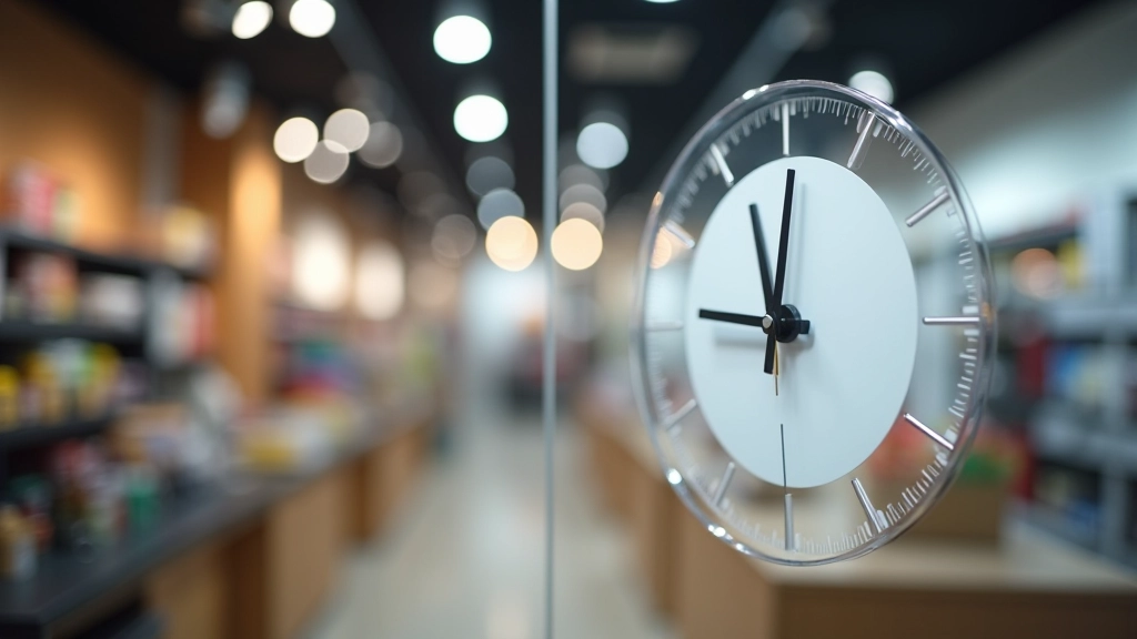 Wall clock showing different times on a retail shop interior, bright overhead lighting, organized store environment
