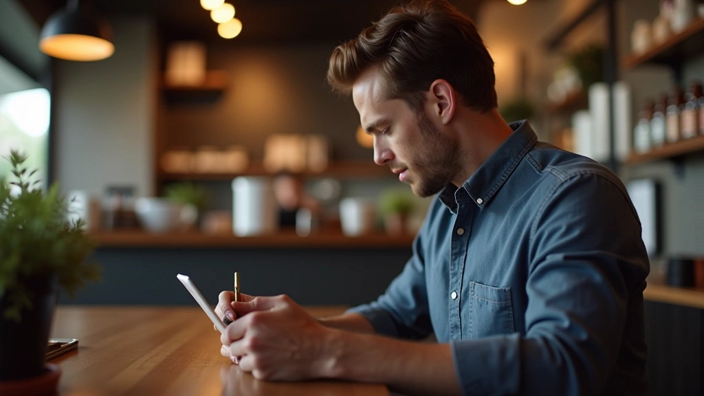 Person writing detailed review on tablet, leaving feedback for business service