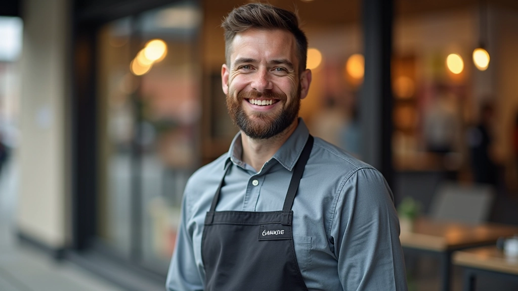 Professional photo of retail shop owner standing in front of business storefront, confident posture, natural daylight, portrait from chest up
