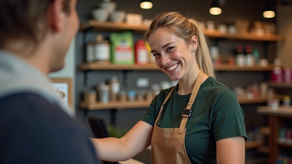 Retail shop staff member smiling while assisting customer at counter in well-lit store environment